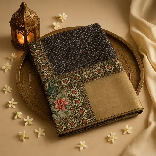 [80109001EW62F2] Elegant Black Floral Print Saree with Rich Gold Zari Border