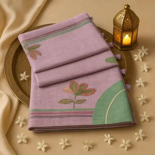 [80109001EW67F2] Elegant Lavender Linen Floral Embroidered Saree with Tassels