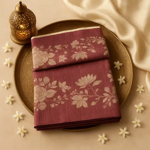 [80109001EW69F2] Elegant Maroon Floral Silk Blend Saree with Zari Accents 