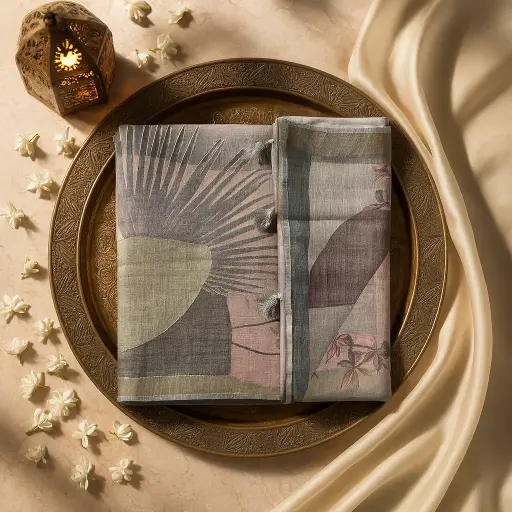 [80109001EW70F2] Elegant Grey Abstract Print Cotton Saree with Tassel Details