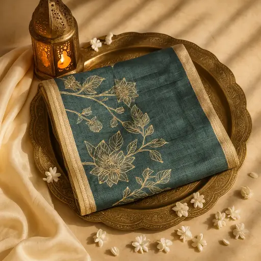 [80109001EW75F2] Elegant Teal Embroidered Art Silk Saree with Gold Border