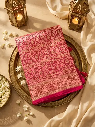 [80109001EX95F2] Rani Pink Pure Katan Silk Banarasi Zari Saree