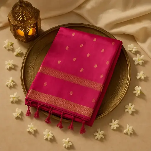 [80109001EX96F2] Elegant Fuchsia Silk Saree with Traditional Gold Zari Border