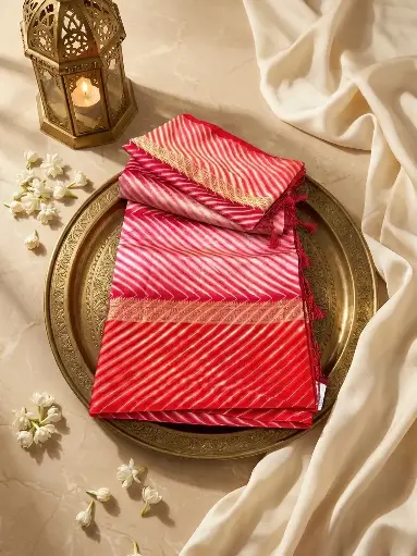 [80109001EZ01F2] Crimson Red Leheriya Pure Silk Saree with Zari Border