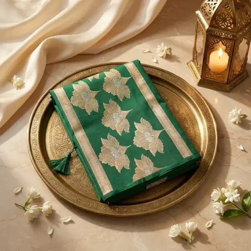[80109001EZ02F2] Emerald Green Banarasi Silk Saree with Zari Motifs