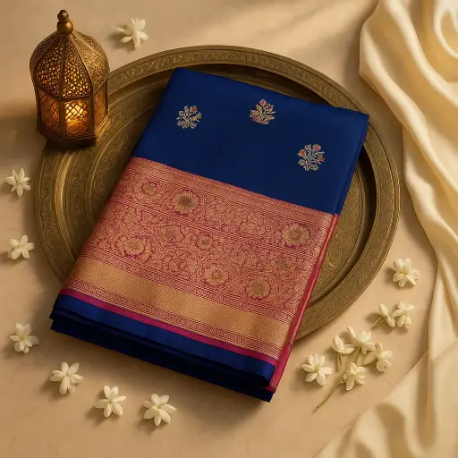 [74809001EW97F3] Royal Blue and Magenta Silk Handloom Banarasi Saree