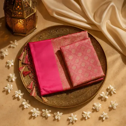 [75209001GS98F3] Elegant Fuchsia Pink Zari Woven Silk Party Wear Saree