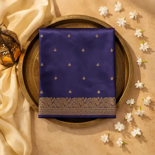 [75209001EW91F3] Elegant Royal Blue Silk Saree With Golden Zari Border 