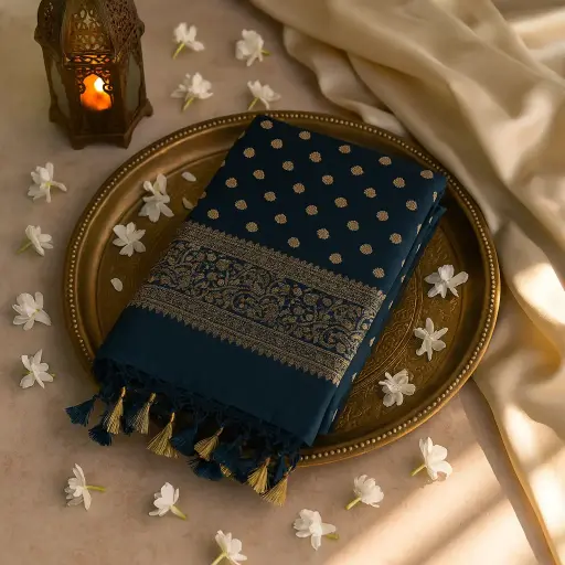 [75209001FP14F3] Elegant Deep Teal Banarasi Silk Saree with Gold Zari Border