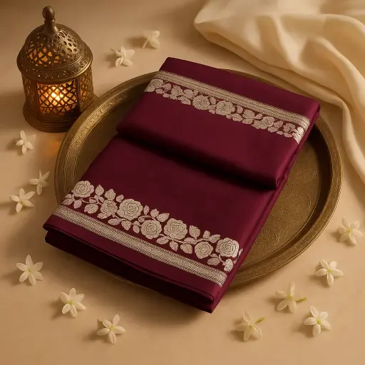 [75209001EB27F3] Elegant Wine Designer Saree with Exquisite Floral Zari Border