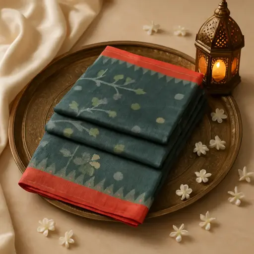[73809001ET62F2] Elegant Forest Green Floral Patterned Designer Linen Saree