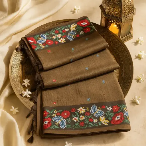 [73809001ET64F2] Elegant Brown Floral Embroidered Saree with Butterfly Motifs