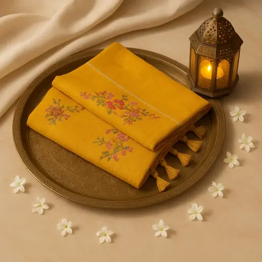 [73809001ET65F2] Elegant Mustard Yellow Embroidered Silk Saree with Zari Border