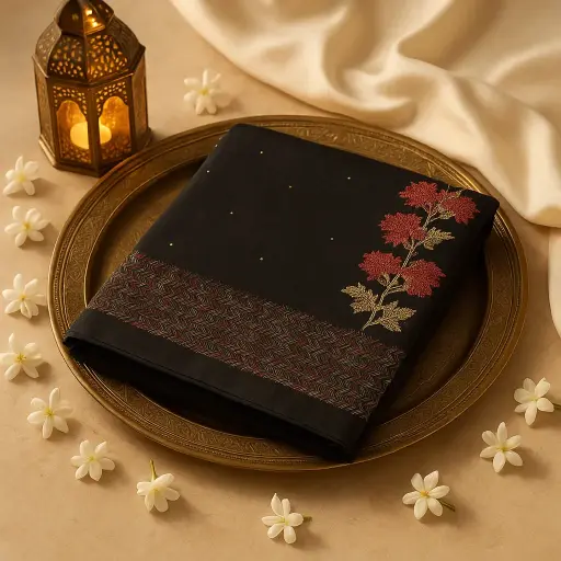 [73809001ET66F2] Elegant Black Saree with Floral Embroidery and Zari Detailing 