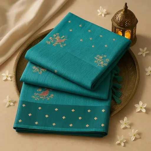 [73809001ET67F2] Teal Blue Embroidered Saree with Intricate Bird Motif