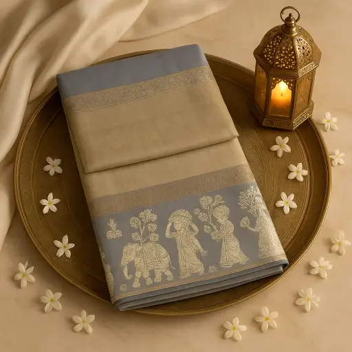 [73809001ET68F2] Elegant Grey Saree with Intricate Elephant and Floral Motifs