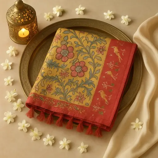 [73809001ET71F2] Elegant Mustard and Red Floral Handloom Silk Saree 