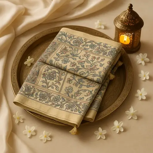 [73809001ET72F2] Elegant Kalamkari Print Silk Blend Designer Saree with Tassels 