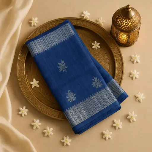 [73809001EX10F2] Elegant Blue and Grey Tussar Silk Saree with Zari