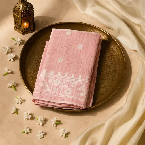 [73809001EX14F2] Elegant Pastel Pink Linen Saree with Silver Zari Border