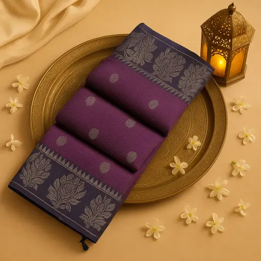 [73809001EX16F2] Elegant Purple Striped Saree with Traditional Silver Zari Border