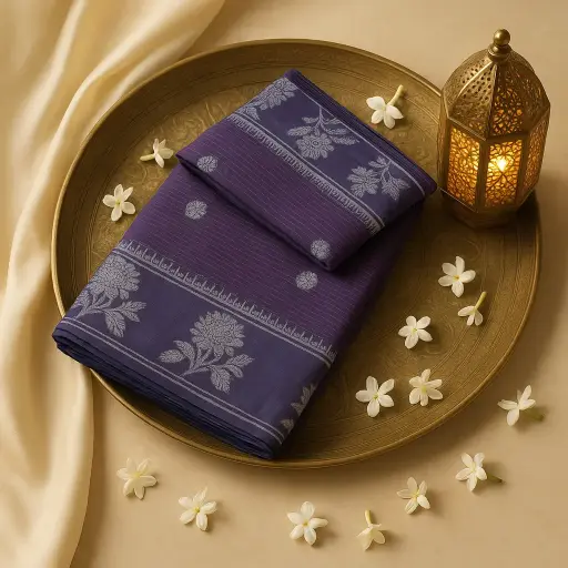 [73809001EX17F2] Elegant Deep Purple Silk Saree with Silver Zari Border