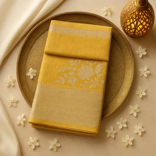 [73809001EX18F2] Radiant Mustard Yellow Banarasi Saree With Silver Zari Work
