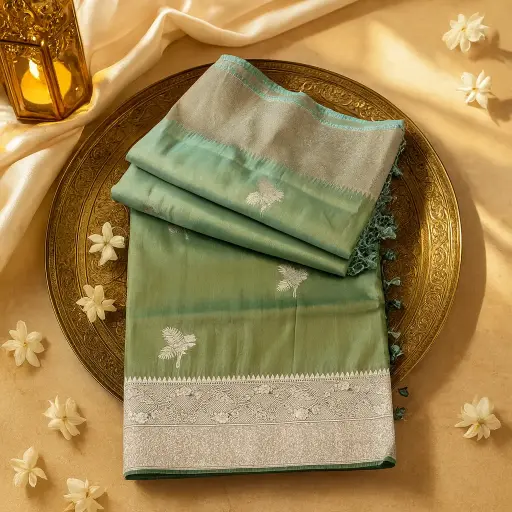 [73809001ET52F2] Elegant Sage Green Banarasi Silk Saree with Silver Zari