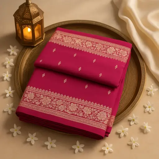 [73809001ET47F2] Exquisite Fuchsia Pink Banarasi Silk Saree with Floral Zari