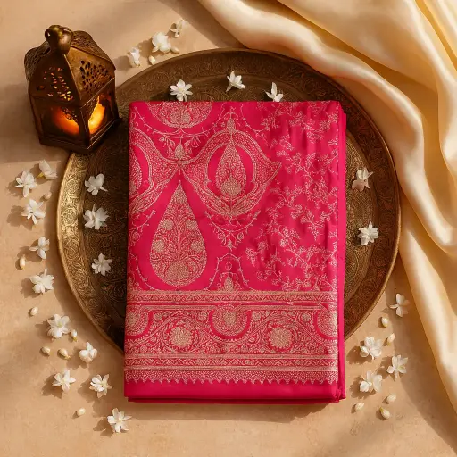 [73809001ET48F2] Exquisite Pink Banarasi Silk Saree with Intricate Floral Zari 