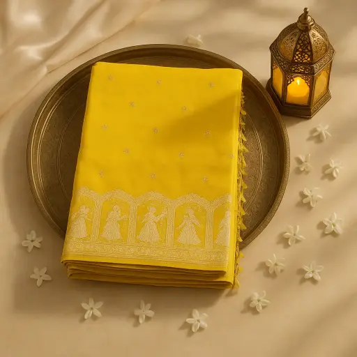 [73809001ET49F2] Elegant Mustard Yellow Designer Saree with Traditional Motif Border 