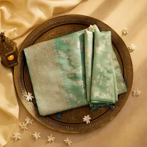 [73809001ET51F2] Elegant Teal and Green Shimmering Silk Saree