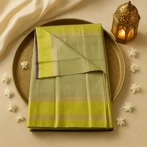 [73809001EX22F2] Elegant Lime Green and Purple Dual-Tone Silk Designer Saree
