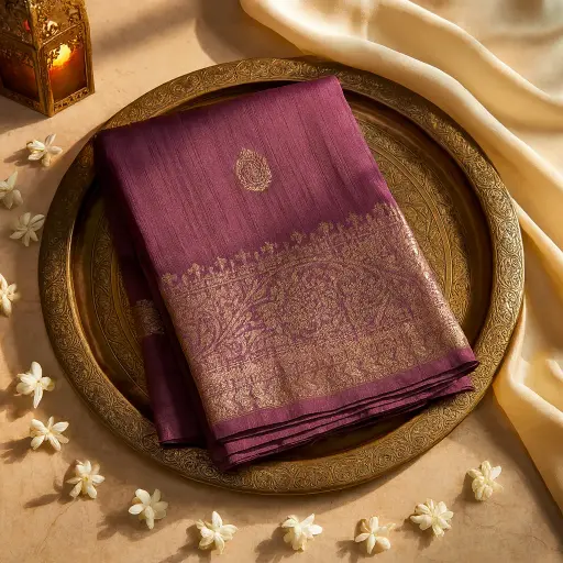 [73809001EX23F2] Elegant Deep Purple Silk Saree with Contrasting Ikat Blouse