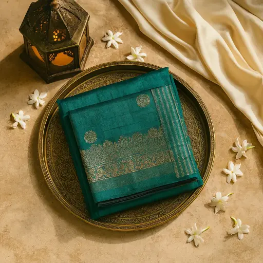 [73809001EX24F2] Elegant Teal Green Silk Saree with Traditional Gold Zari Work
