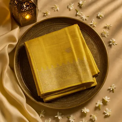 [73809001EX26F2] Exquisite Mustard Yellow Handwoven Silk Saree with Traditional Zari 