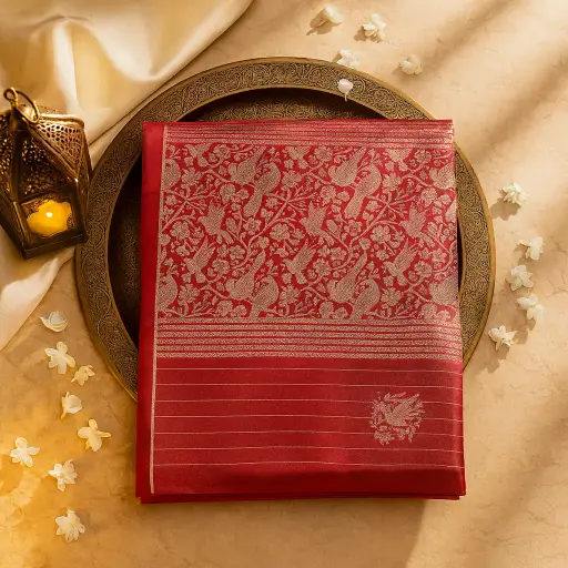 [73809001EX28F2] Exquisite Red Silk Saree with Intricate Bird Motif Weaving