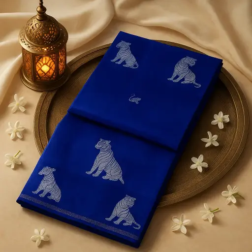[73809001EX29F2] Royal Blue Silk Saree with Elegant Tiger Motif Weaving