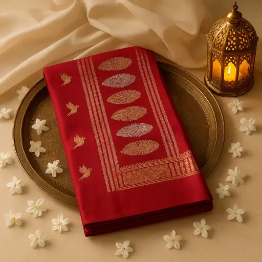[73809001EX31F2] Exquisite Red Silk Saree with Elegant Bird Motif Embroidery 