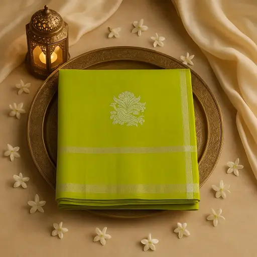 [73809001EX32F2] Lime Green Silk Saree with Silver Zari Peacock Motifs