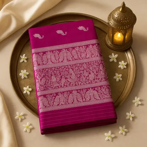 [73809001EX34F2] Elegant Fuchsia Silk Saree with Intricate Silver Peacock Motifs
