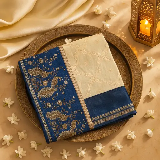[73809001EX79F2] Elegant Royal Blue and Off-White Paisley Silk Blend Saree