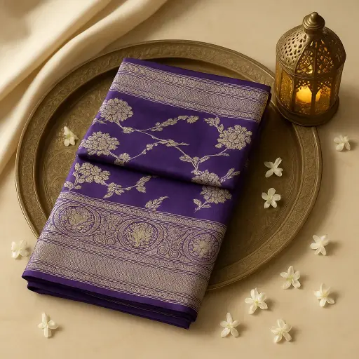 [73809001EX83F2] Royal Purple Silk Saree with Elegant Floral Zari Weave