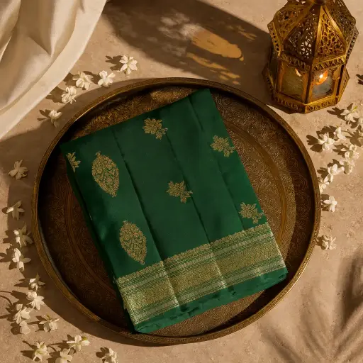 [73809001EX84F2] Elegant Emerald Green Silk Saree with Intricate Gold Zari 