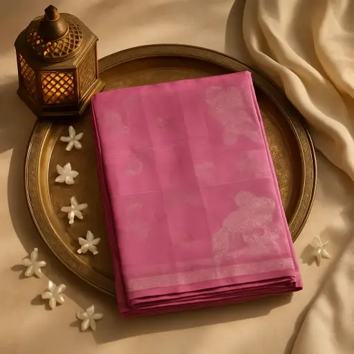 [73809001ET53F2] Elegant Pink Silk Saree with Silver Horse Motif Zari Border