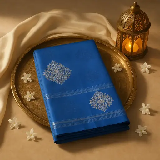 [73809001ET54F2] Elegant Royal Blue Zari Embroidered Designer Silk Saree