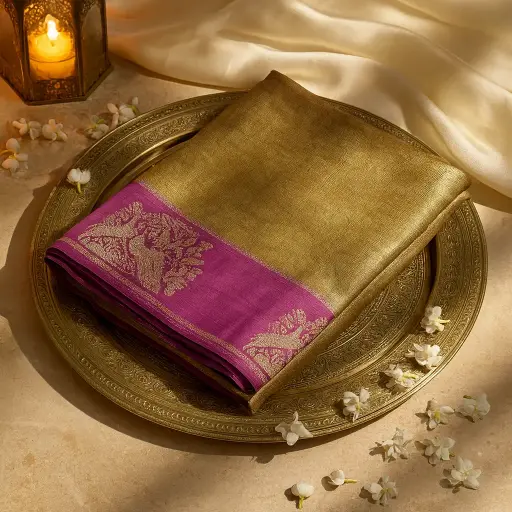[73809001ET58F2] Elegant Purple and Gold Zari Woven Silk Blend Saree