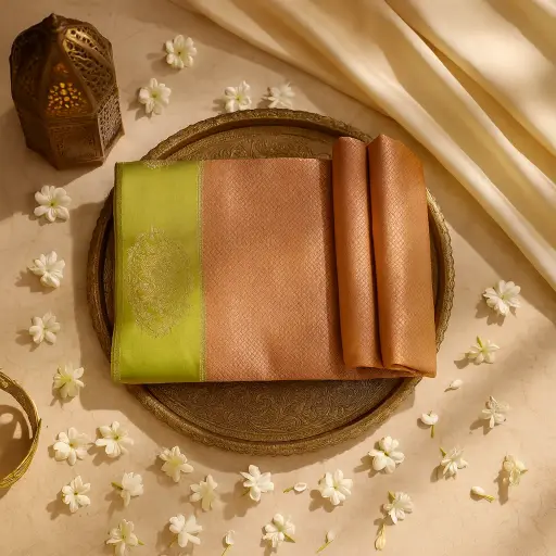 [73809001ET59F2] Elegant Olive Green and Copper Zari Woven Silk Saree