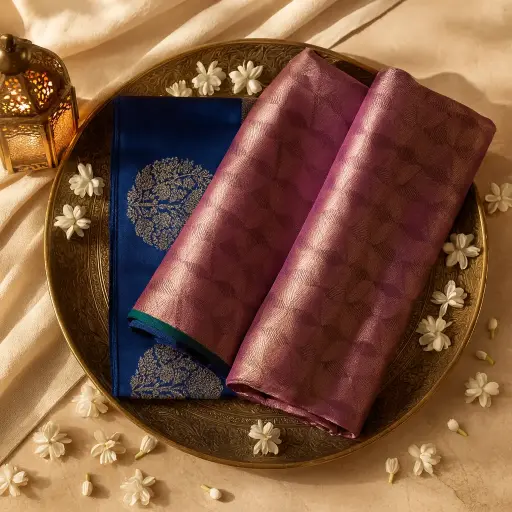 [73809001ET75F2] Elegant Royal Blue and Purple Dual-Tone Silk Saree