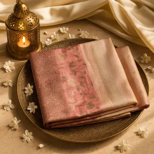 [73809001ET80F2] Elegant Pink Banarasi Silk Saree With Intricate Floral Zari Work